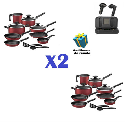 Paquete Tramontina 2 Baterías de Cocina 27899483 13 Pzas Rojo + Audifonos de regalo