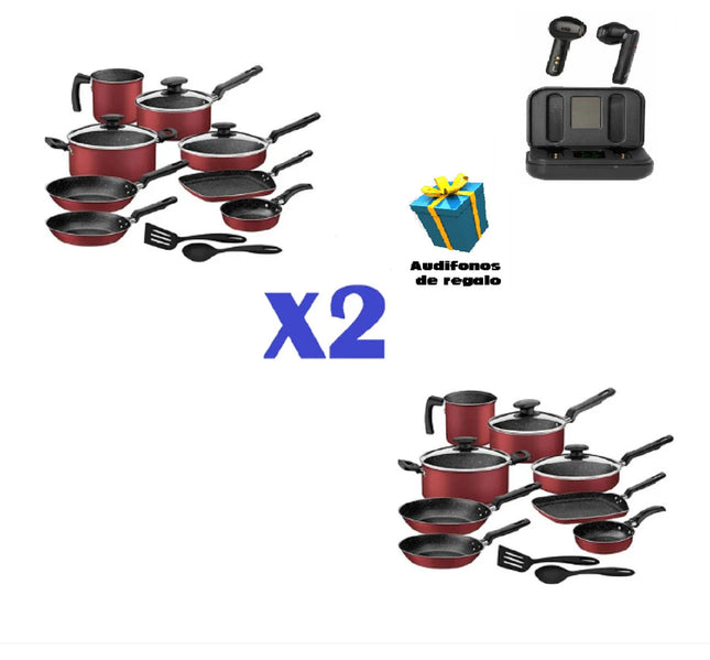 Paquete Tramontina 2 Baterías de Cocina 27899483 13 Pzas Rojo + Audifonos de regalo