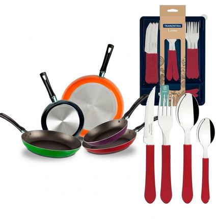 Juego de 5 Sartenes 35808 Ekco De Aluminio Con Tecnología Duraflon + Juego de Cubiertos Tramontina 23198722 25pzs Rojo