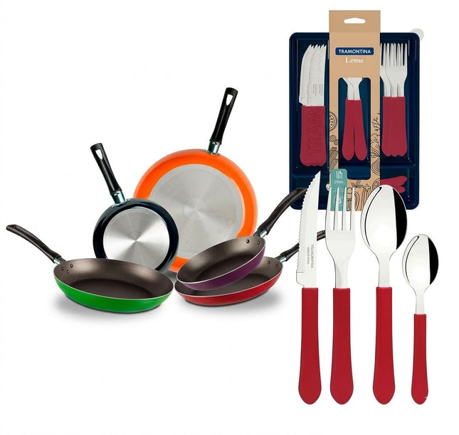 Juego de 5 Sartenes 35808 Ekco De Aluminio Con Tecnología Duraflon + Juego de Cubiertos Tramontina 23198722 25pzs Rojo