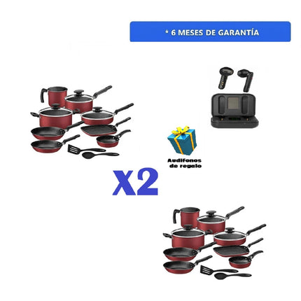Paquete Tramontina 2 Baterías de Cocina 27899483 13 Pzas Rojo + Audifonos de regalo
