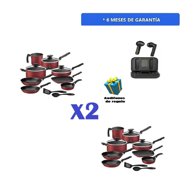 Paquete Tramontina 2 Baterías de Cocina 27899483 13 Pzas Rojo + Audifonos de regalo