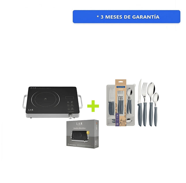 Combo Parrilla Eléctrica Fussion LARLB-0004 de 1000W 5 Niveles *NO ES DE INDUCCIÓN* + Juego de Cubiertos Tramontina 23498630 Plenus 25 Piezas Gris