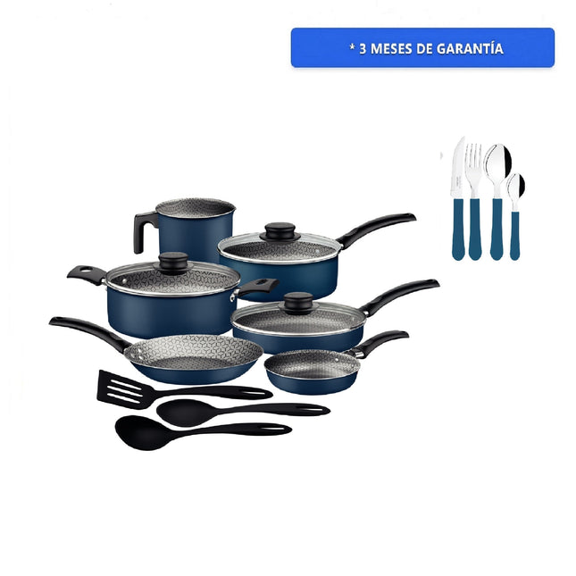 Combo Bateria de Cocina Tramontina 27899481 Turim 12 Piezas Azul + Juego de Cubiertos Tramontina 23198922 Leme 25 Piezas Azul