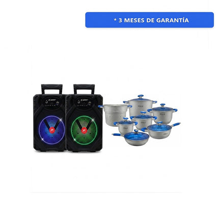 Paquete Batería Perla E007 Angie 13 pzas + Juego De 2 Bafles Fussion PBS-65015 Recargables 6.5" Bluetooth