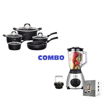 Combo Batería Tramontina 28799002 Mónaco Starflon Premium 9 Pzs Negro / INDUCCION + Licuadora LAR LARLB-0003 1.5L 300w de vidrio