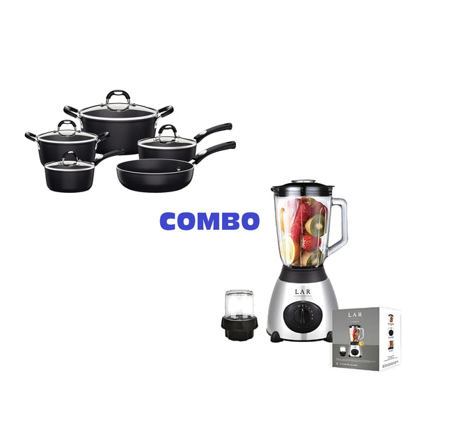 Combo Batería Tramontina 28799002 Mónaco Starflon Premium 9 Pzs Negro / INDUCCION + Licuadora LAR LARLB-0003 1.5L 300w de vidrio