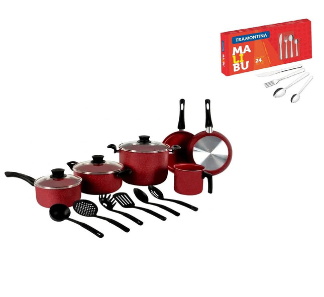 Combo Bateria Tramontina 32200308 GENOVA 15 PIEZAS ROJO + Jgo de Cubiertos Tramontina 23799022 Malibu 24 pzs