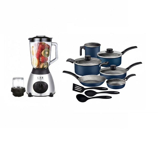 Paquete Convensa Licuadora LAR LARLB-0003 1.5L 300w de vidrio + Bateria Tramontina 27899481 Turim 12 Pzas Azul