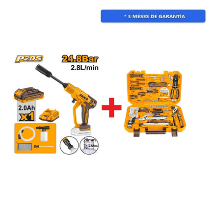 Paquete Hidrolavadora INGCO UCPWLI20362 20v 2.8 lts por minuto sin bateria y cargador + Juego De Herramientas INGCO HKTHP21681 Manuales Con Estuche 168 Piezas