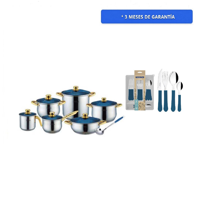 Combo Bateria de Cocina Perla E006PP Premier Plus 13 Piezas Acero Inox + Juego de cubiertos Tramontina 23198922 Leme 25 piezas Azul