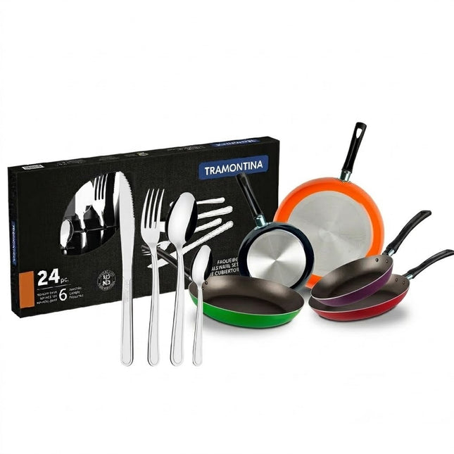 Combo Juego de Cubiertos Tramontina 23799071 Búzios Acero Inoxidable 24 pZ + Juego de 5 Sartenes 35808 Ekco De Aluminio