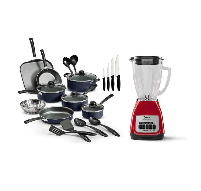 Combo Bateria de cocina Tramontina 32300191  de 22pz primaware Azul + Licuadora Oster BLSTKAG RPB Rojo 4 vel Vaso de vidrio