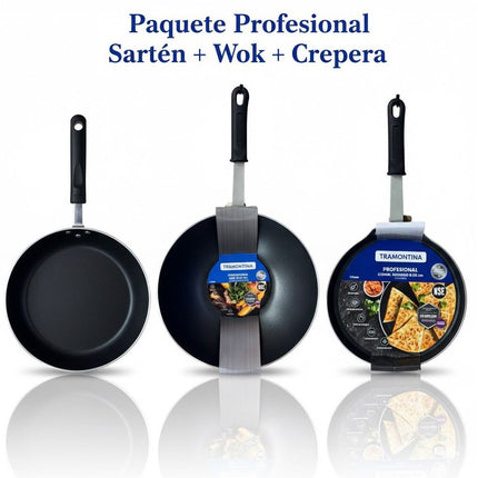 Paquete Tramontina Sartén 24cm + Wok 30cm + Crepera 25cm Profesional