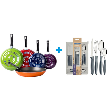 Combo Juego de 5 Sartenes 35808 Ekco De Aluminio Con Tecnología Duraflon + Juego de Cubiertos Tramontina 23498630 Plenus 25 Piezas Gris
