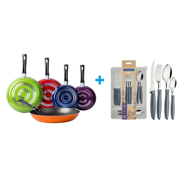 Combo Juego de 5 Sartenes 35808 Ekco De Aluminio Con Tecnología Duraflon + Juego de Cubiertos Tramontina 23498630 Plenus 25 Piezas Gris