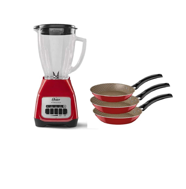 Combo Juego de Satenes Tramontina 32300356 3 pz Rojo Turim + Licuadora Oster BLSTKAG RPB Rojo 4 vel Vaso de vidrio