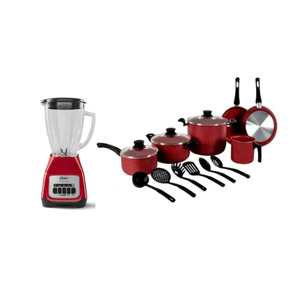 Combo Bateria Tramontina 32200308 GENOVA 15 PIEZAS ROJO + Licuadora Oster BLSTKAG RPB Rojo 4 vel Vaso de vidrio