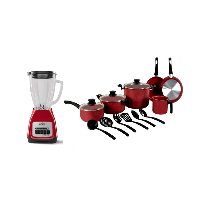 Combo Bateria Tramontina 32200308 GENOVA 15 PIEZAS ROJO + Licuadora Oster BLSTKAG RPB Rojo 4 vel Vaso de vidrio