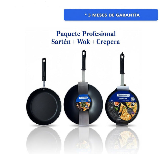 Paquete Tramontina Sartén 24cm + Wok 30cm + Crepera 25cm Profesional