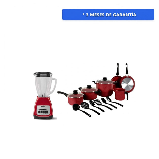 Combo Bateria Tramontina 32200308 GENOVA 15 PIEZAS ROJO + Licuadora Oster BLSTKAG RPB Rojo 4 vel Vaso de vidrio