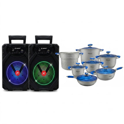 Paquete Batería Perla E007 Angie 13 pzas + Juego De 2 Bafles Fussion PBS-65015 Recargables 6.5" Bluetooth