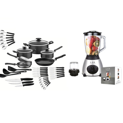 Combo Batería Tramontina Negra Cuchillos Ollas De Chef 38 Pz + Licuadora LAR LARLB-0003 1.5L 300w de vidrio