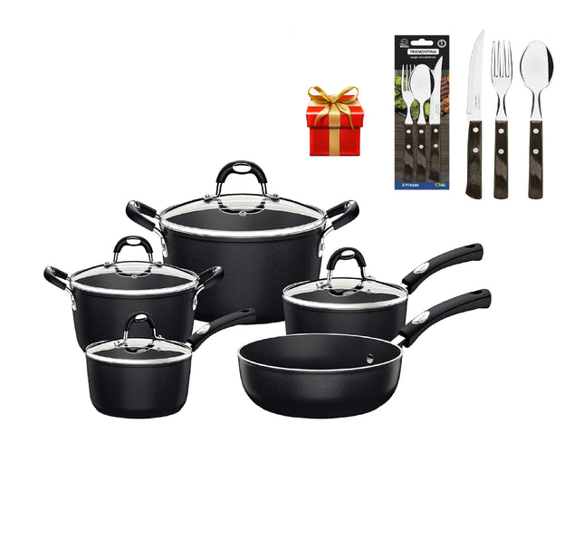 Batería Tramontina 28799002 Mónaco Starflon Premium 9 Pzs Negro / INDUCCION + Cubiertos de Regalo