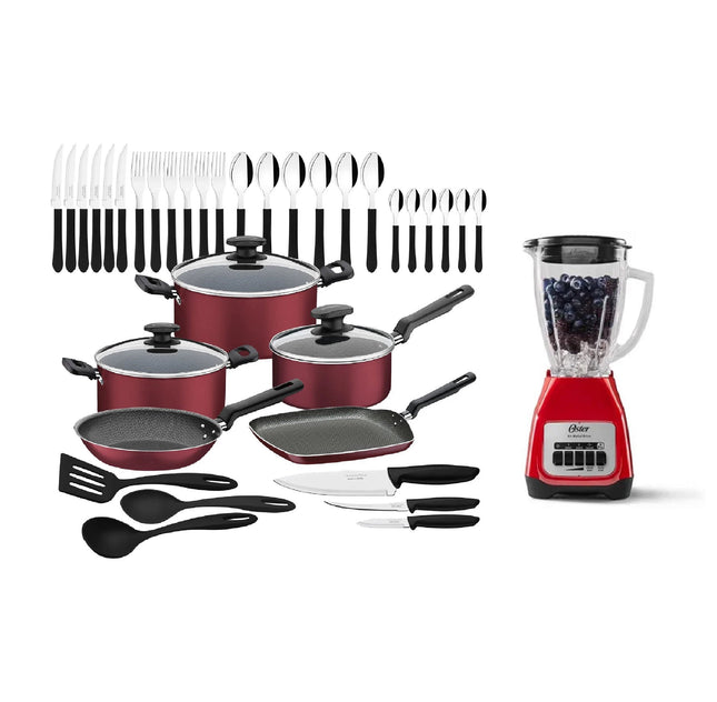 COMBO Bateria de Cocina Tramontina 27899328 Loreto Rojo 38 PiezasSarten Cuadrado + Licuadora Oster BLSTKAG RPB Rojo 4 vel Vaso de vidrio