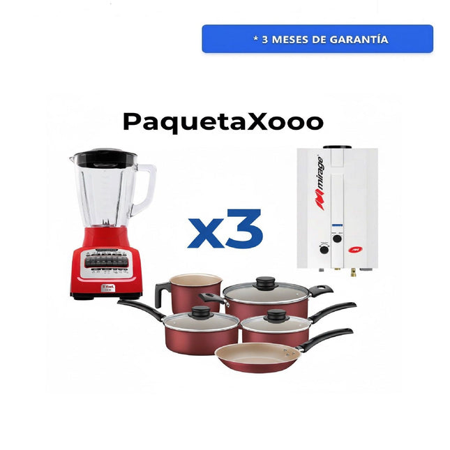 Paquetaxoo Calentador Mirage Flux 1 servicio de agua Gas LP + Bateria Tramontina Turim 5pz Rojo 20298761 + Licuadora T-Fal LN8225MX Infinyforce XL Vaso de Vidrio