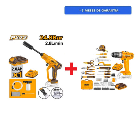 Paquete Hidrolavadora INGCO UCPWLI20362 20v 2.8 lts por minuto sin bateria y cargador + Taladro Inalámbrico DE ROTACIÓN 12V INGCO CDLI12206 20Nm 2 Velocidades CDLI12206