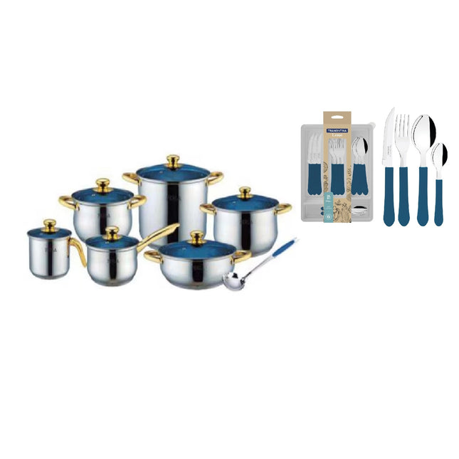 Combo Bateria de Cocina Perla E006PP Premier Plus 13 Piezas Acero Inox + Juego de cubiertos Tramontina 23198922 Leme 25 piezas Azul