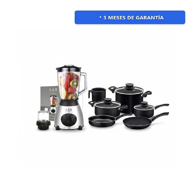 Paquete Cocina Licuadora LAR LARLB-0003 1.5L 300w de vidrio + Bateria Tramontina 28599053 Paris 9 Piezas Negra