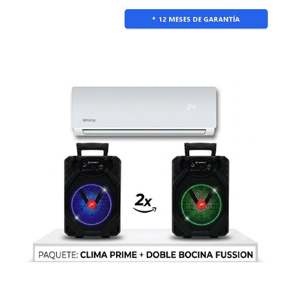 Paquete Aire Minisplit Clima Prime EMPRC121T ELITE 1 TON 12,000 BTUS Frio 110V + Juego De 2 Bafles Fussion PBS-65015 Recargables 6.5" Bluetooth
