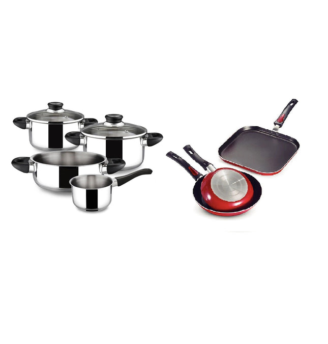 Combo Batería Royal Magefesa 01BXROYAL06 de 6 Piezas Acero Inoxidable + Juego de Sartenes Tramontina 27899183 de 3pz Rojo con Bifera