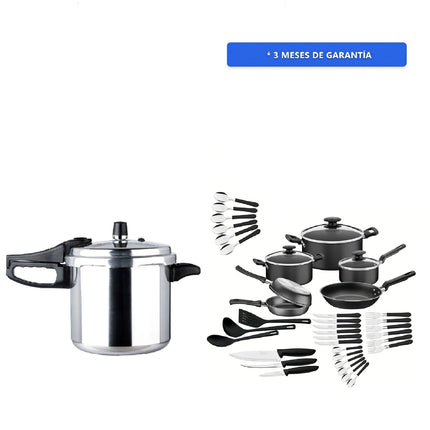 Combo Batería Cocina Tramontina Negra Cuchillos Ollas De Chef 38 Pz + Olla de presión Ekco Sazón de 7 Lts Aluminio