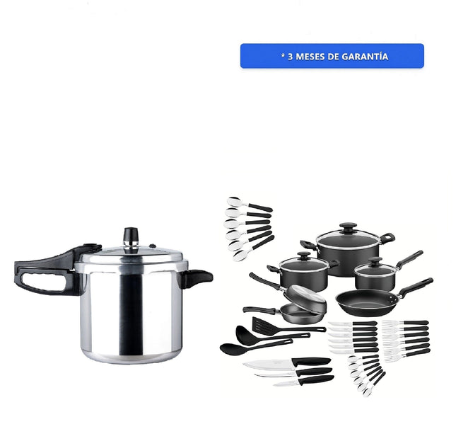 Combo Batería Cocina Tramontina Negra Cuchillos Ollas De Chef 38 Pz + Olla de presión Ekco Sazón de 7 Lts Aluminio