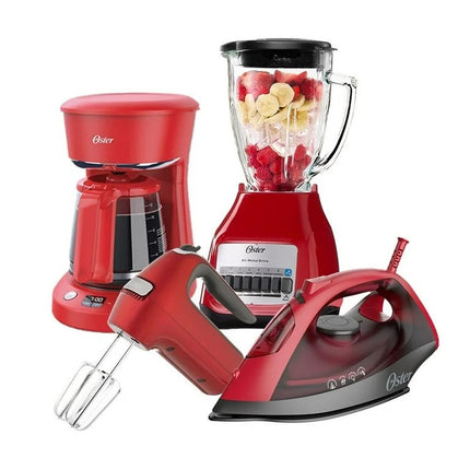 Combo Oster 2211084 4 Elementos, Licuadora, Cafetera, Batidora y Plancha Rojo
