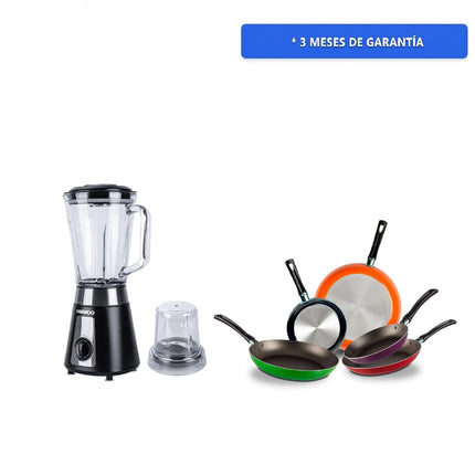 Combo Licuadora Daewoo DBL-851G con molinillo 1.5 lts 2 vel + Pulse rompehielos 500W Negra + Juego de 5 Sartenes 35808 Ekco De Aluminio Con Tecnología Duraflon