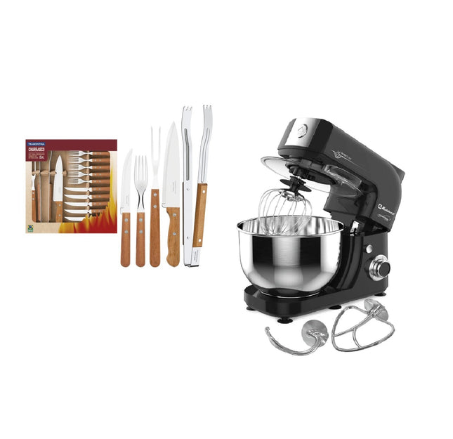 Combo Kit para asado Tramontina 22399/028 acero inoxidable 15 piezas Dynamic + Batidora Koblenz BPKM-800 IN de pedestal 6 Vel Tazón 4.8 L