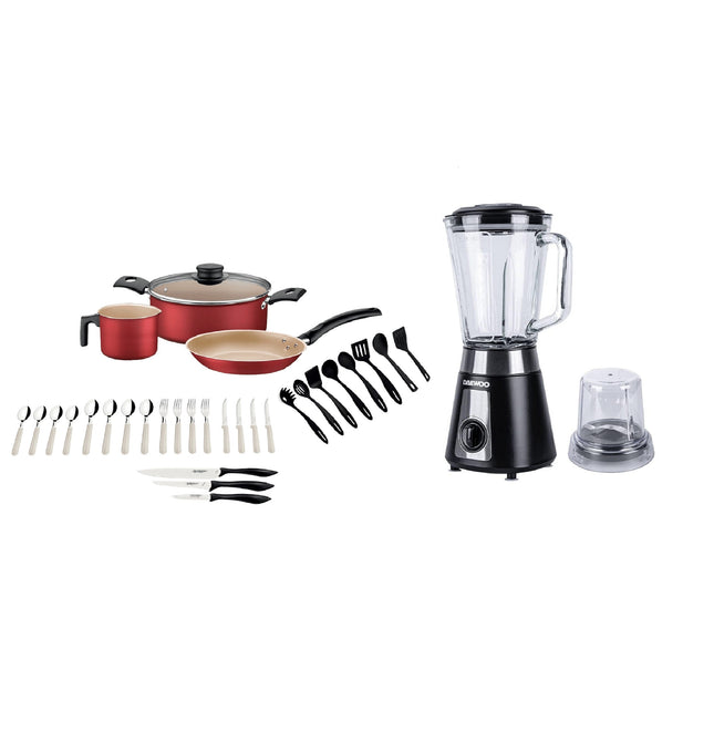 Combo Batería Tramontina 32200742 Turin Roja 31 piezas + Licuadora Daewoo DBL-851G con molinillo 1.5 lts 2 vel + Pulse rompehielos 500W Negra
