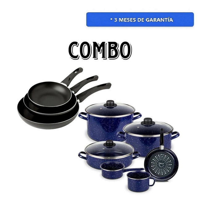 COMBO Batería Ekco 28824/92882 9 piezas Azul Marino + Juego de Sartenes T-Fal 125300 Inicia 20, 24, 30 cm