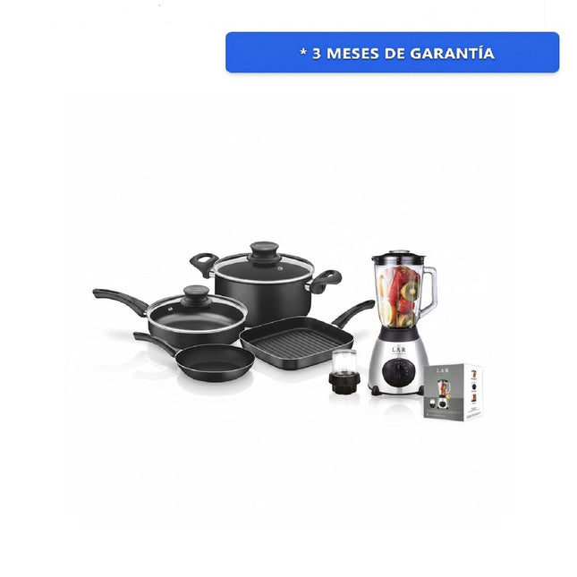 Paquete 2 Licuadora LAR LARLB-0003 1.5L 300w de vidrio + Bateria Tramontina 27899158 6 piezas con Sartén cuadrado