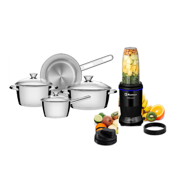Combo Nutri Procesador Koblenz ENS DE BKM 800 1000w Mix & Go + Batería Tramontina Allegra 7 pzas acero inoxidable inducción