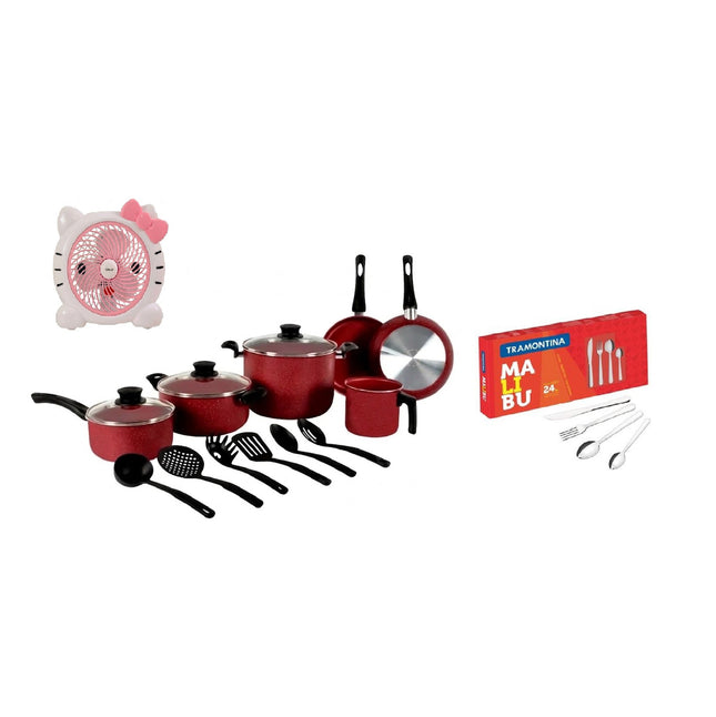 Combo Bateria Tramontina 32200308 GENOVA 15 PIEZAS ROJO + Jgo de Cubiertos Tramontina 23799022 Malibu 24 pzs + Ventilaador Fussion/YIWU VENT-0015 portatil Katty 6" 2 Vel Ajustables