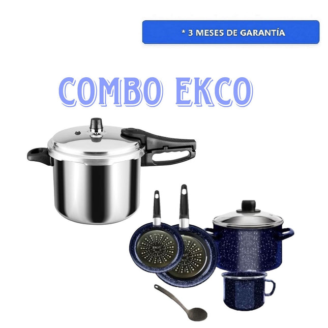 Combo EKCO Bateria Vasconia Jeans 45982 Azul 6 Pzs + Olla de presión Sazón de 7 Lts Aluminio