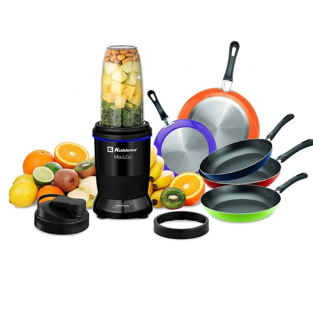 Combo Nutri Procesador Koblenz ENS DE BKM 800 1000w Mix & Go + Juego de 5 Sartenes 35808 Ekco De Aluminio