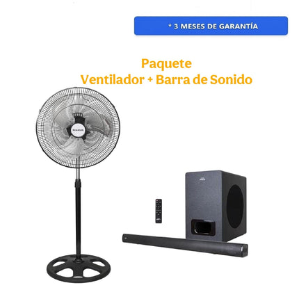 PAQUETE Barra De Sonido Fussion con Subwoofer SBAR-0005 30w + Ventilador Taurus Marte 3 en 1 Aspas Metalicas 18'' Oscilante