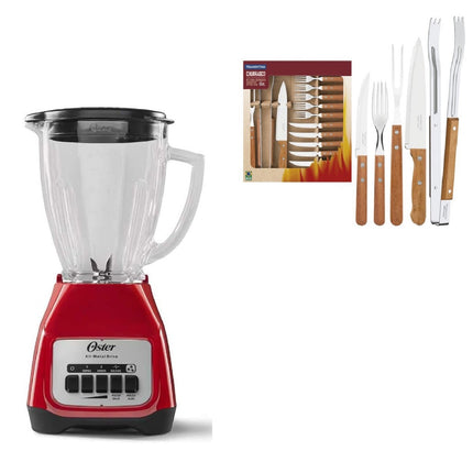 Combo Kit para asado Tramontina 22399028 acero inoxidable 15 piezas Dynamic + Licuadora Oster BLSTKAG RPB Rojo 4 vel Vaso de vidrio
