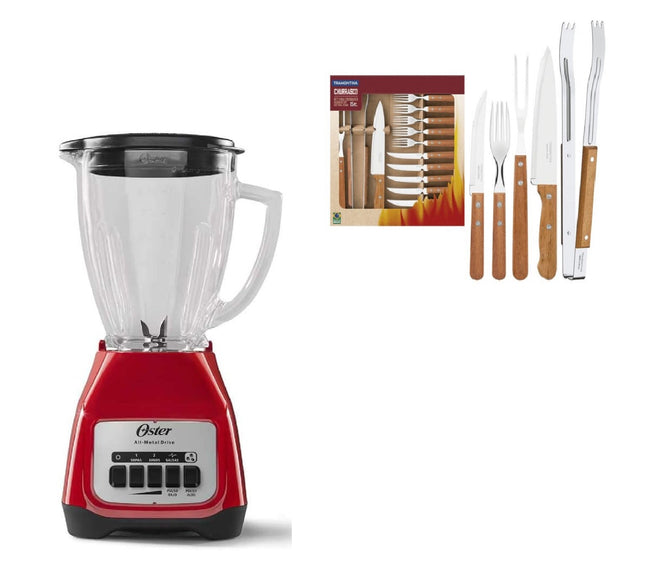 Combo Kit para asado Tramontina 22399028 acero inoxidable 15 piezas Dynamic + Licuadora Oster BLSTKAG RPB Rojo 4 vel Vaso de vidrio